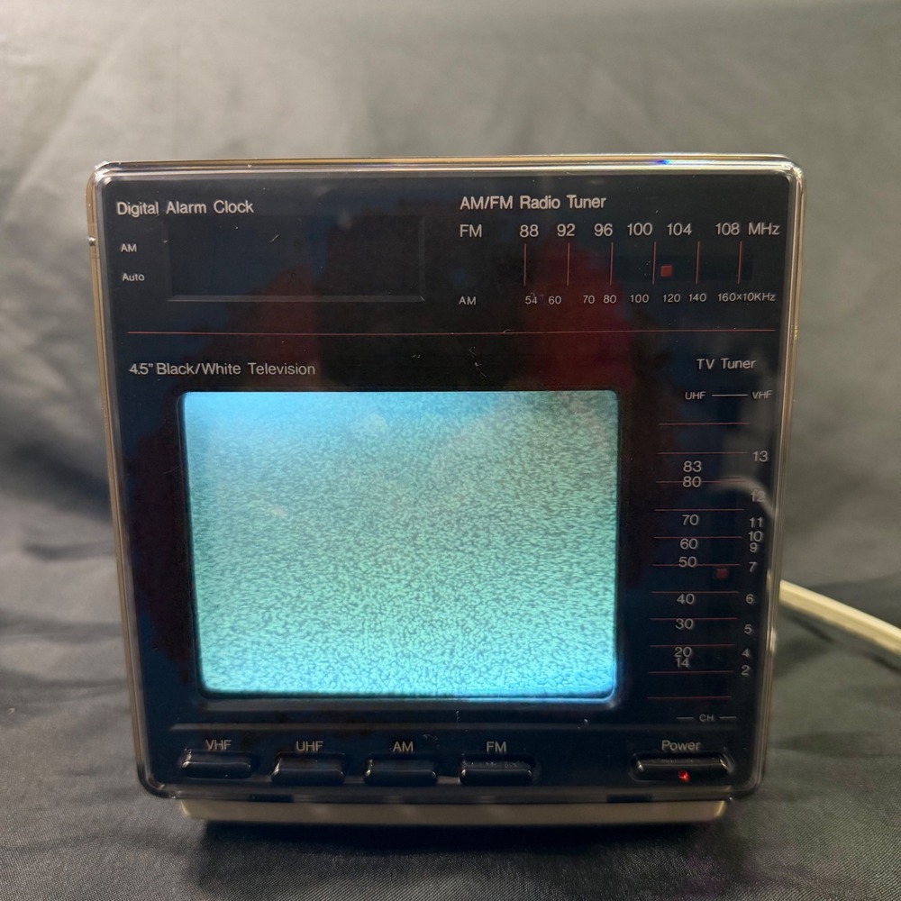 Vintage 4.5" Black White Portable TV AM FM Radio Digital Alarm Clock Cream